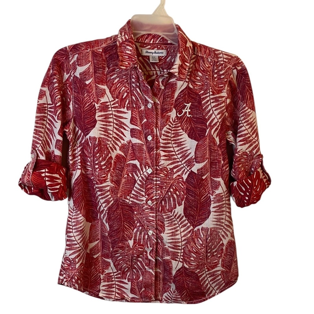 Tommy Bahama Alabama Roll Tide Red Linen Tropical Leaf Shirt Womens Small